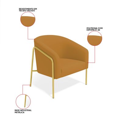 Poltrona Sala Decorativa Kit 2 Stella Base Alta Tubo Dourado Veludo Mostarda D03 - D'Rossi