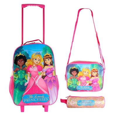 Kit Mochila Infantil Escolar c/ Rodinha 3 Pçs Princesas Rosa