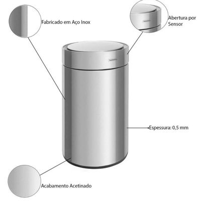 Lixeira Inteligente 11L Sensor Automático Inox Tramontina Sense Round Balde Removível Luxo