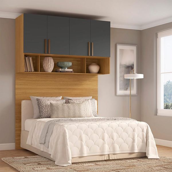 Guarda-Roupa Modulado Aéreo com Cabeceira Altezza Trend 4 Portas Freijó e Titânio 150 cm Guarda-Roupa Modulado Aéreo com Cabeceira Altezza Trend 4 Portas Freijó e Titânio 150 cm