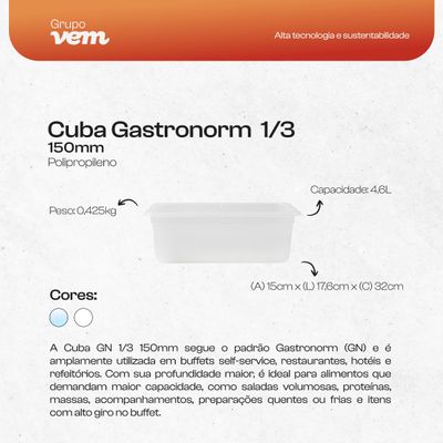 Cuba Gastronorm 1/3 150mm Branca em Polipropileno