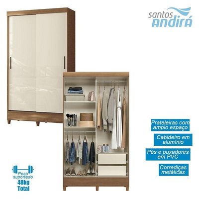 Guarda Roupa Solteiro 2 Portas De Correr Com Pés Fit Jequitibá Off Acetinado - Santos Andirá