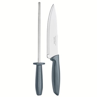 Conjunto Faca Chef e Chaira Plenus 2 Peças Tramontina Cinza com inox