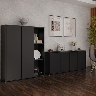 Conjunto Sala De Jantar 2 Peças Armário Alto E Buffet Balcão - Preto Preto
