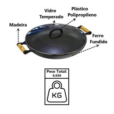 Frigideira Paella de Ferro Fundido Alça Madeira TV 40cm