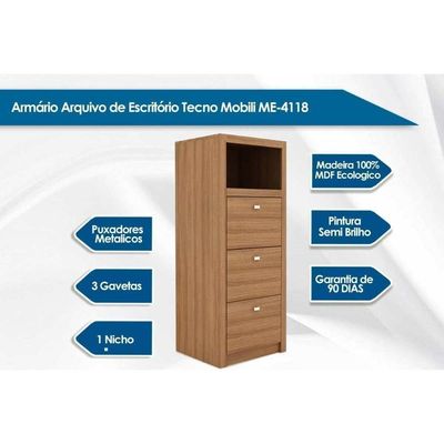 Arquivo de Escritório ME4118 c/ 3 Gavetas e 1 Nicho Branco - Tecno Mobili