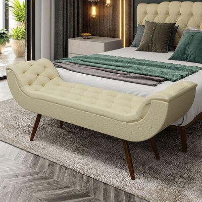 Recamier Puff Estofado Casal 140 Cm Drusa Linho Creme