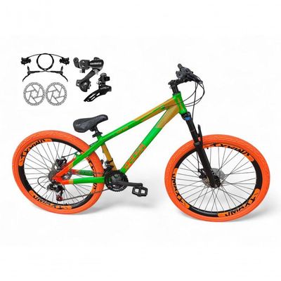 Bicicleta Aro 26 Vikingx Tuff Câmbios Shimano Freio Hidráulico 21v Freeride Aro Vmaxx Flame Verde-Laranja X35