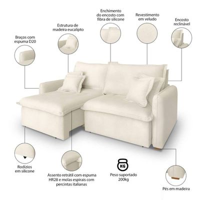 Sofá 4 Lugares 2,60m Retrátil E Reclinável Em Tecido Veludo – Malta Lucadi Bege