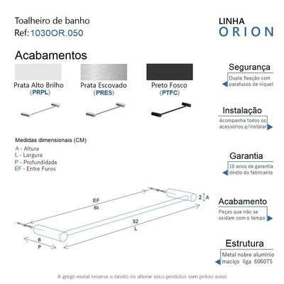Porta Toalha Toalheiro De Rosto Para Banheiro Escovado Orion 50cm