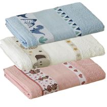 Kit ( 3 ) Toalha de Banho KazzaVip Infantil 100% Algodão Jacquard Barra para Bordar Funny Branco e Azul e Rosa