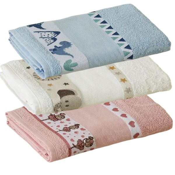 Kit ( 3 ) Toalha de Banho KazzaVip Infantil 100% Algodão Jacquard Barra para Bordar Funny Branco e Azul e Rosa