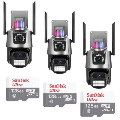 Kit 3 Câmera De Segurança Externa Lente Dupla 4k Led Sirene Policial Cartão 128gb