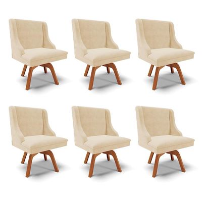 Kit 6 Cadeiras Decorativas Sala de Jantar Base Giratória de Madeira Firenze Suede Bege/Natural G19 - Gran Belo