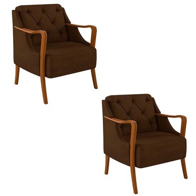 Kit 2 Poltronas Decorativas Braços em Madeira Hand Veludo Marrom - Gran Belo
