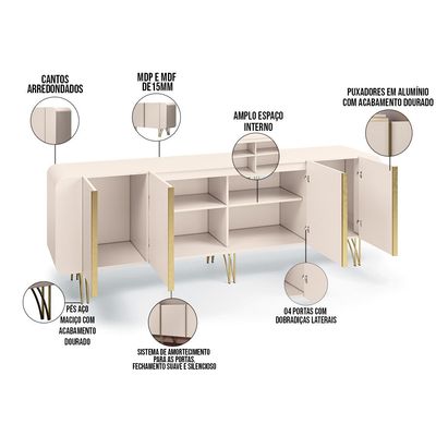 Aparador Buffet Bar Living Para Sala de Estar 04 Portas 220 cm Santiago B01 Off White - Lyam