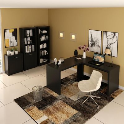 Kit 4 peças com 1 Escrivaninha em L, 2 Estantes e 1 Balcão Preto