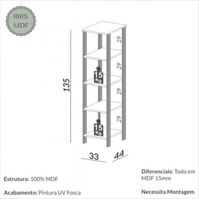 Estante 5 Prateleiras MDF 33x44x135 cm F28 Off White Freijó Dalla Costa