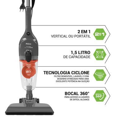 Aspirador de Pó Vertical Philco Ciclone 2 em 1 1400W PAS1550C 127V