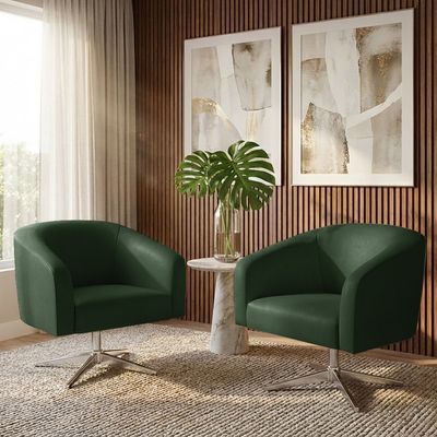 Poltrona Sala Decorativa Kit 2 Stella Giratória Cromada Sintético PU Verde D03 - D'Rossi
