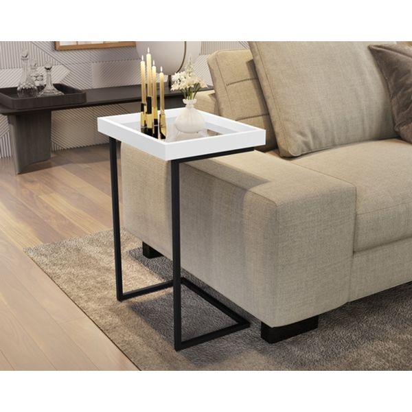 Mesa Apoio Lateral Sofá com Espelho Pé de Ferro JB - Cor Branco