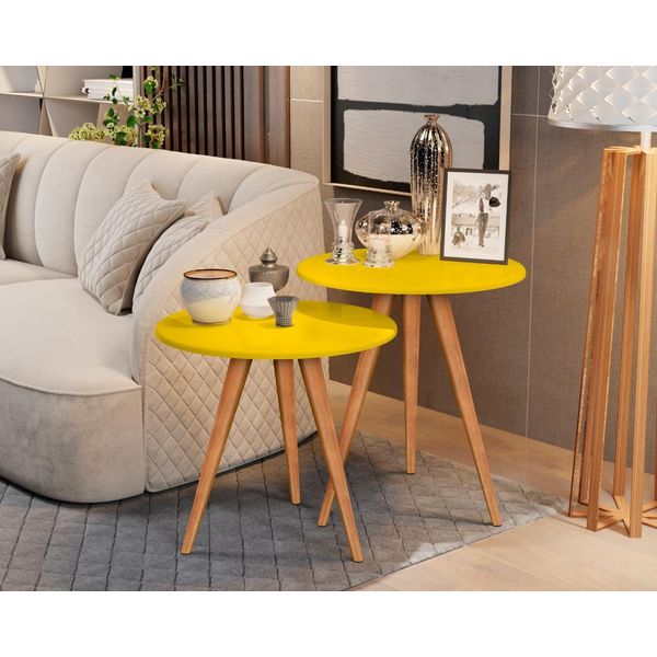 Conjunto 2 Mesas Lateral e Apoio Redonda Pés Palito Amarelo - Comprar Moveis em Casa