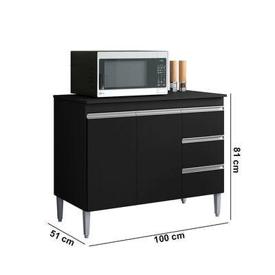 Balcão Cozinha com Tampo 100cm 3 Gavetas Leticia Preto A01 - D'Rossi