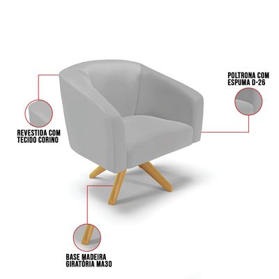 Poltrona Sala Decorativa Kit 2 Stella Base de Madeira Giratória MA30 Sintético Cinza D03 - D'Rossi