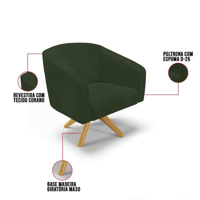 Poltrona Decorativa Kit 2 Stella Base de Madeira Giratória MA30 Sintético PU Verde D03 - D'Rossi