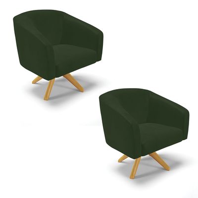 Poltrona Decorativa Kit 2 Stella Base de Madeira Giratória MA30 Sintético PU Verde D03 - D'Rossi