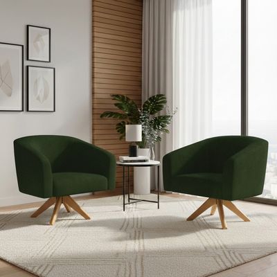Poltrona Decorativa Kit 2 Stella Base de Madeira Giratória MA30 Sintético PU Verde D03 - D'Rossi