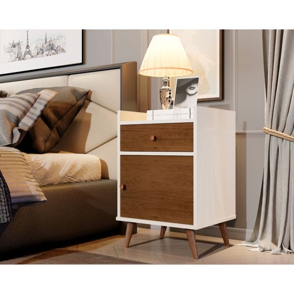 Mesa de Cabeceira 1 gaveta 1 porta estilo retrô pés palito Phebo cor Perola caramelo - Comprar Moveis Em Casa
