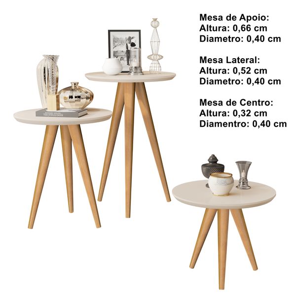 conjunto 3 mesas sala retrô pés palito, centro, lateral e apoio havana - off white - Comprar Moveis Em Casa