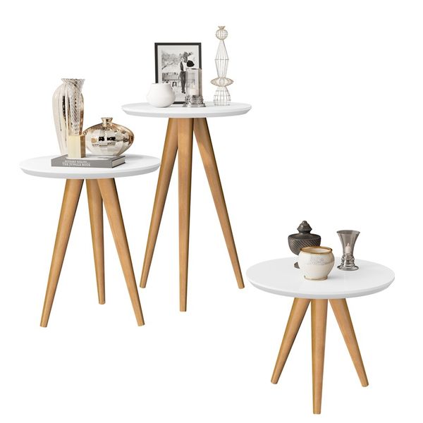 jogo 3 mesas retrô pés palito, centro, lateral e apoio glass - branco jogo 3 mesas retrô pés palito, centro, lateral e apoio glass - branco