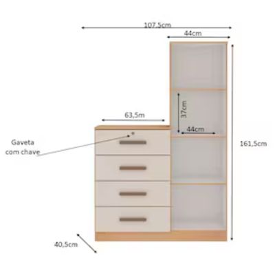 Cômoda Genialflex Aurora com 1 Porta 4 Gavetas 3 Prateleiras e 107.5cm de largura Bege com Marrom