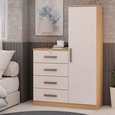 Cômoda Genialflex Aurora com 1 Porta 4 Gavetas 3 Prateleiras e 107.5cm de largura Bege com Marrom