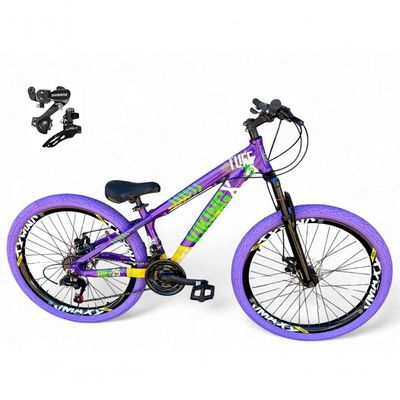 Bicicleta Aro 26 VikingX Tuff X25 21v Freio a Disco Roxo/amarelo/verde