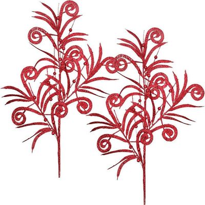 Plantas Folhas Enfeite Natal Gliter Vermelho 70cm Kit 8pçs