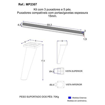 Kit 3 Puxadores Com 5 Pés Palito Retrô Para Balcão Cozinha 120cm Veneza Multimóveis Mp2307 Preto Preto