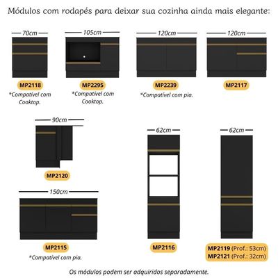 Kit 3 Puxadores Com 5 Pés Palito Retrô Para Balcão Cozinha 120cm Veneza Multimóveis Mp2307 Preto Preto