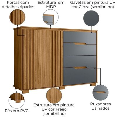 Comoda Texas 4 Gavetas 2 Portas 147 Cm Freijo Cinza Moval