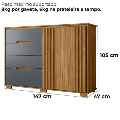 Comoda Texas 4 Gavetas 2 Portas 147 Cm Freijo Cinza Moval