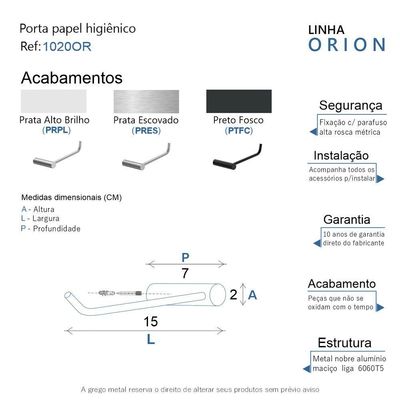 Porta Papel Higiênico Orion Escovado Grego Metal
