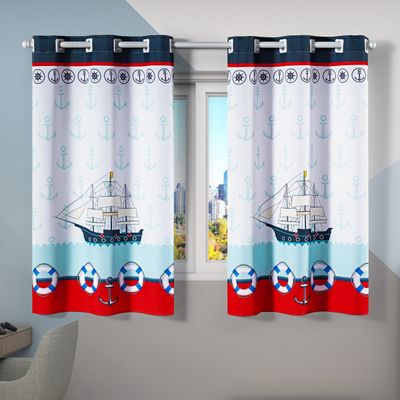 Cortina Kids Infantil Varão Tecido Oxford 2,00m X 1,30m - Barco Pirata Marinheiro Azul