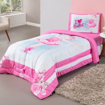 Kit Edredom + Lençol Plush Fofinho Infantil Dupla Face Dream 3 Peças Solteiro - Bailarina