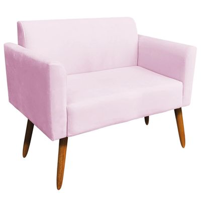 Poltrona Namoradeira Decorativa Isabella Pés Palito Madeira Suede Rosa Bebê - Gran Belo