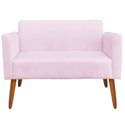Poltrona Namoradeira Decorativa Isabella Pés Palito Madeira Suede Rosa Bebê - Gran Belo
