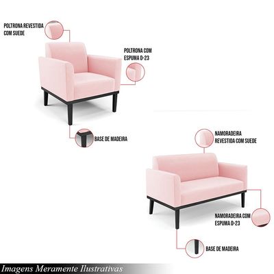 Conjunto 2 Poltronas e 1 Namoradeira Decorativa Isabella Pés Fixo em Madeira Preto Suede Rosa Bebê G19 - Gran Belo