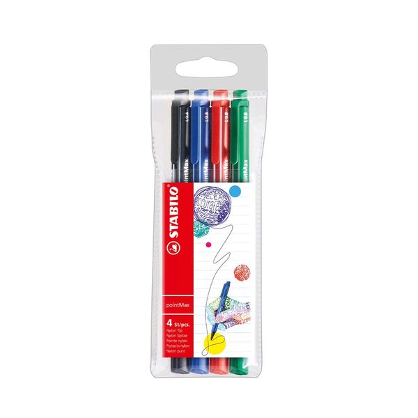 Caneta Hidrográfica Stabilo PointMax Fine 0.4mm com 4 Unidades Cores Básicas