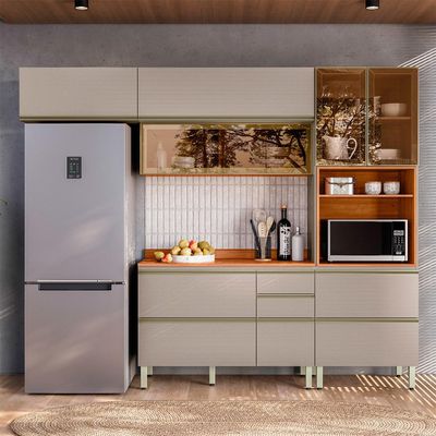 Cozinha Compacta com 3 Vidros Reflecta Proença 6 Portas 6 Gavetas Bege e Nogueira
